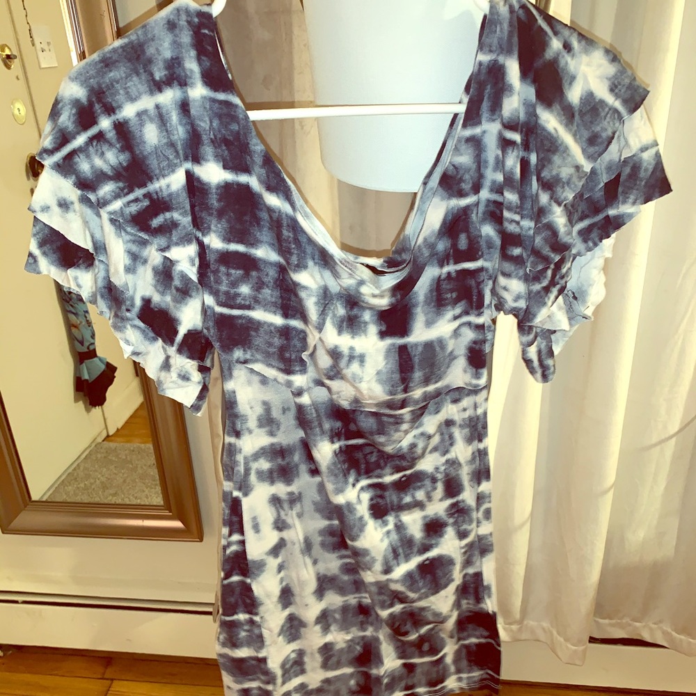 White and blue tie died mini dress